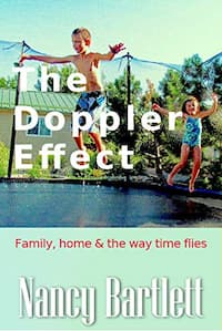 cover of The Doppler Effect, by Nancy Bartlett features a pale turquoise background with an image of young children bouncing on a trampoline